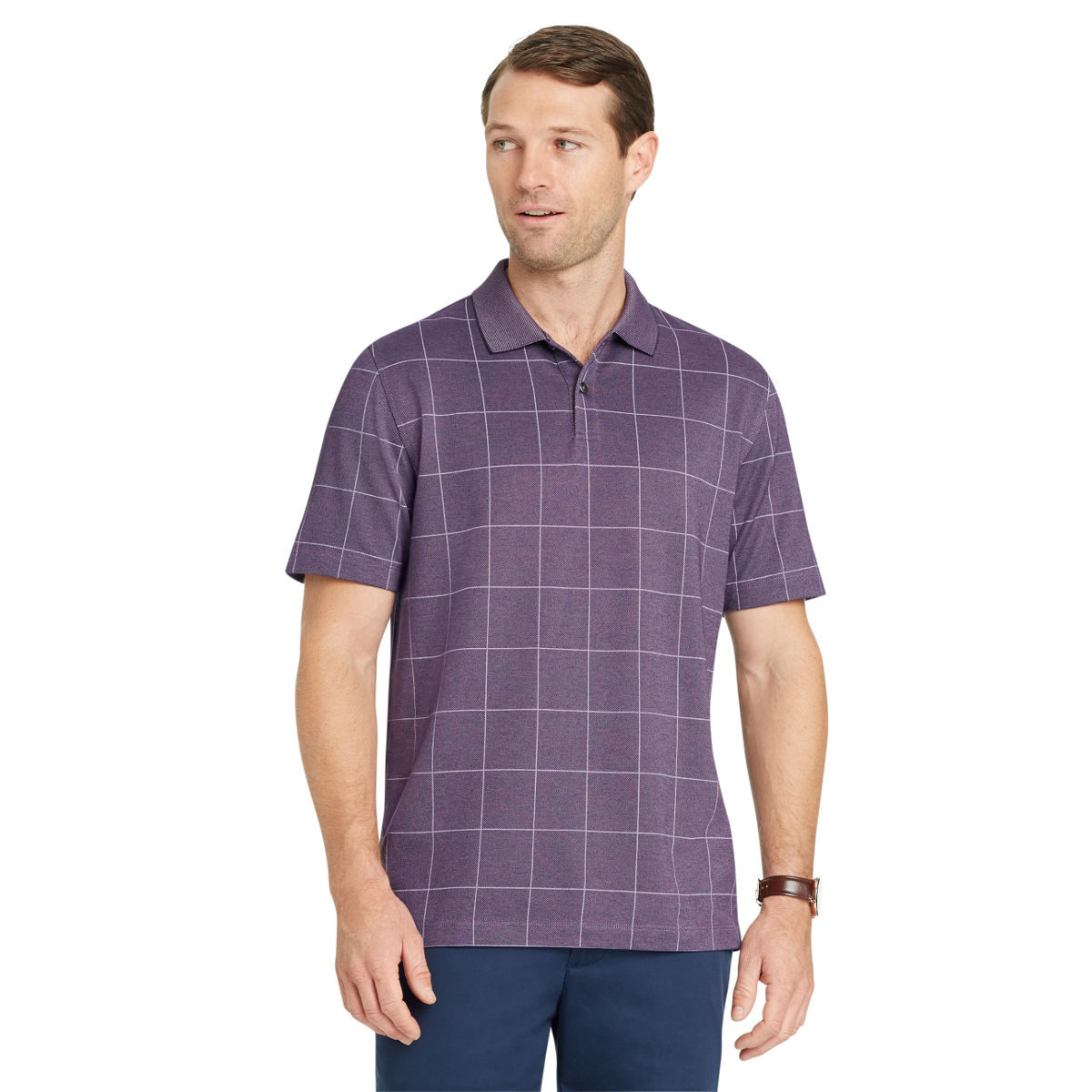 Van Heusen Men's Flex Print Windowpane Short-Sleeve Polo Shirt - Purple, XL