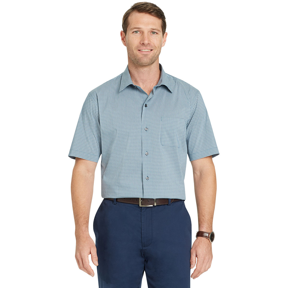 Van Heusen Men's Flex Small Check Short-Sleeve Shirt - Green, L