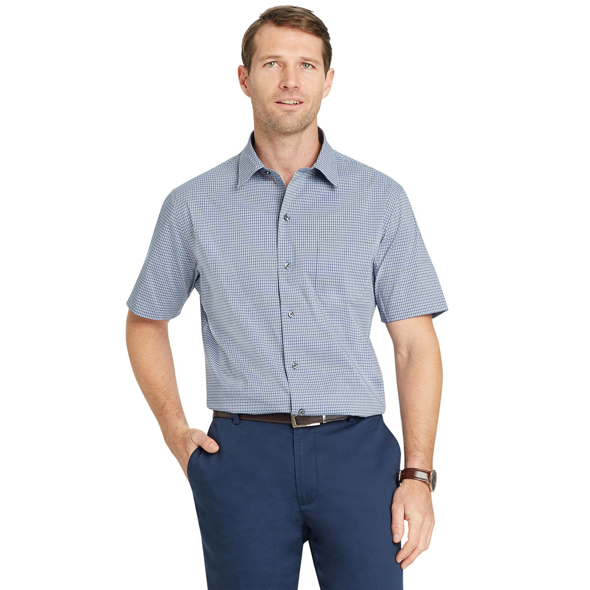 Van Heusen Men's Flex Small Check Short-Sleeve Shirt - Blue, XL