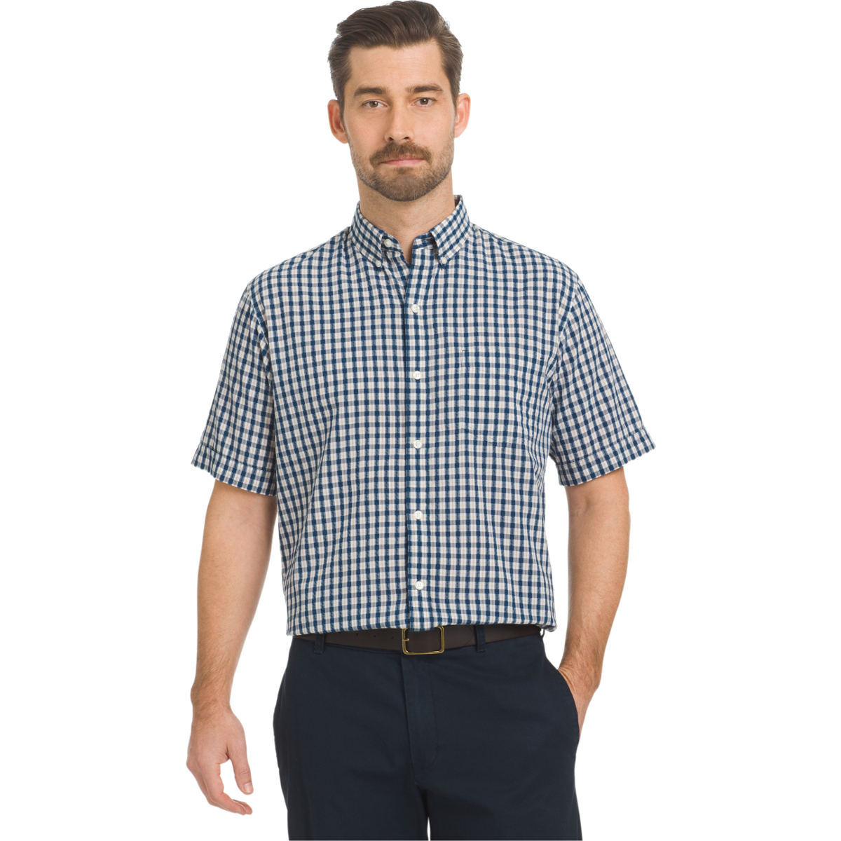 Arrow Men's Seersucker Small Plaid Woven Short-Sleeve Shirt - Blue, XXL