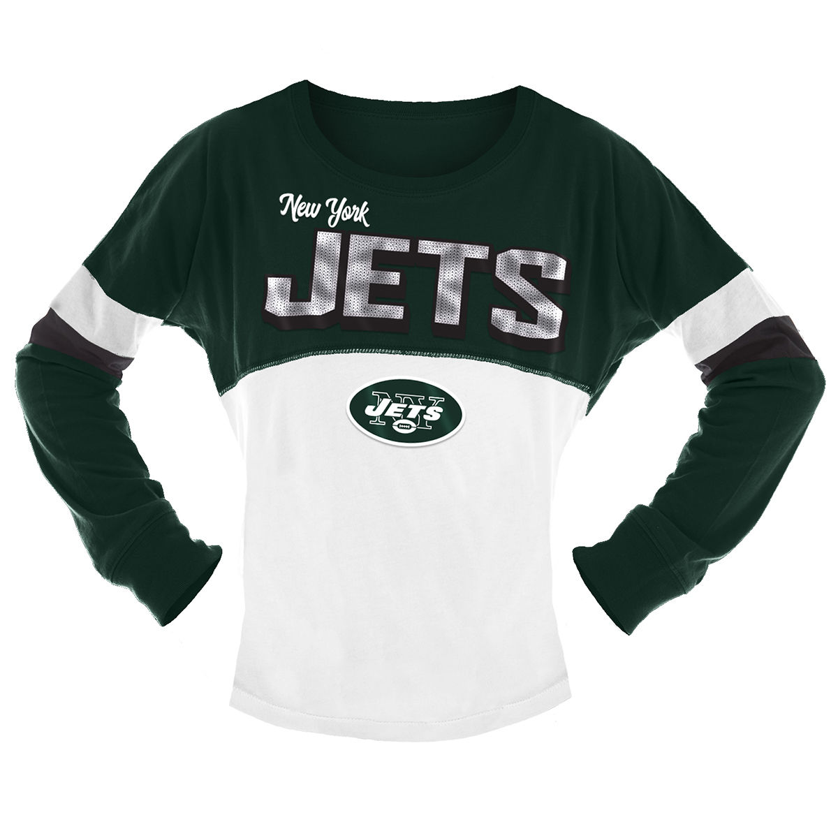 New York Jets Big Girls' Sequin Crew Long-Sleeve Shirt