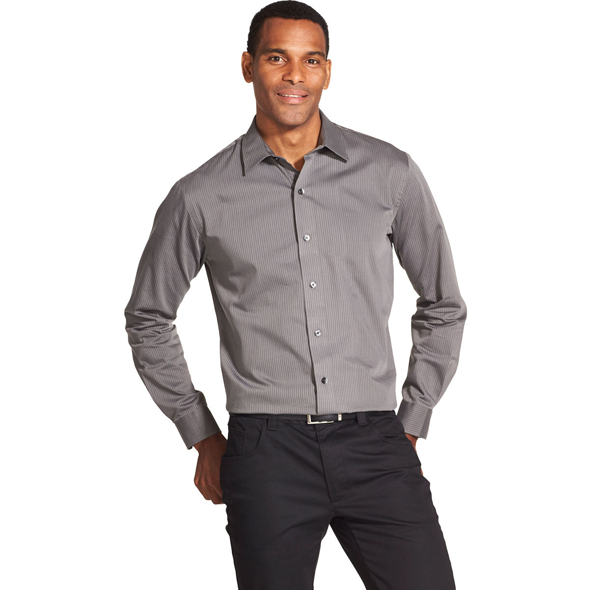 Van Heusen Men's Easy Care Sateen Stripe Long-Sleeve Shirt - Black, M