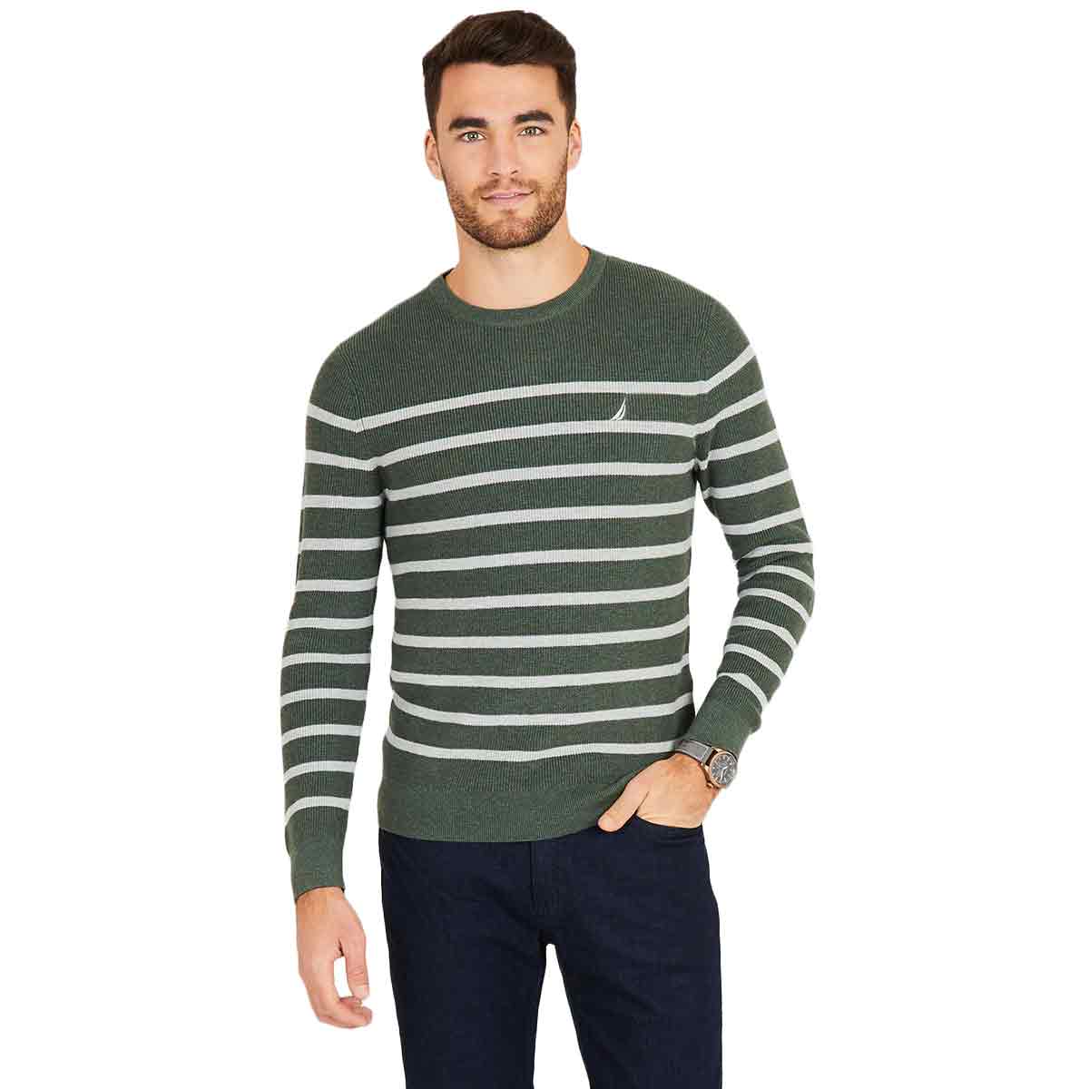 Nautica Men's Navtech Breton Stripe Crewneck Sweater - Green, XL