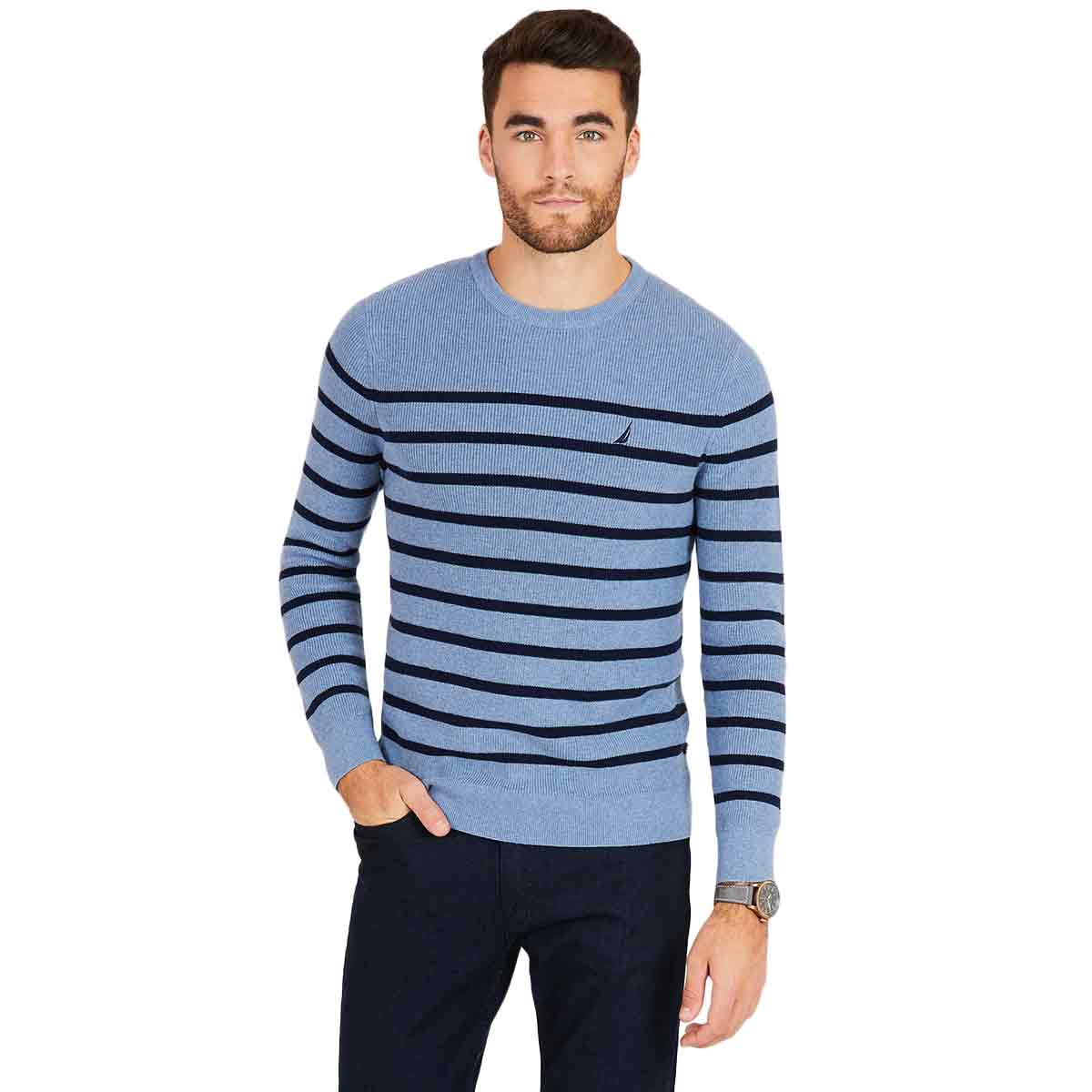 Nautica Men's Navtech Breton Stripe Crewneck Sweater - Blue, XL