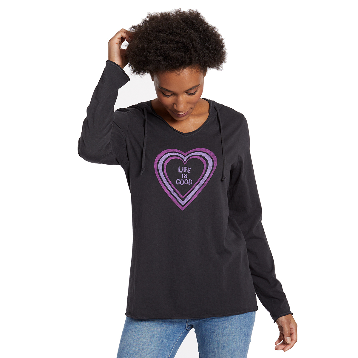 Life Is Good Women's Ripple Heart Smooth Hooded Long-Sleeve Tee - Black, L