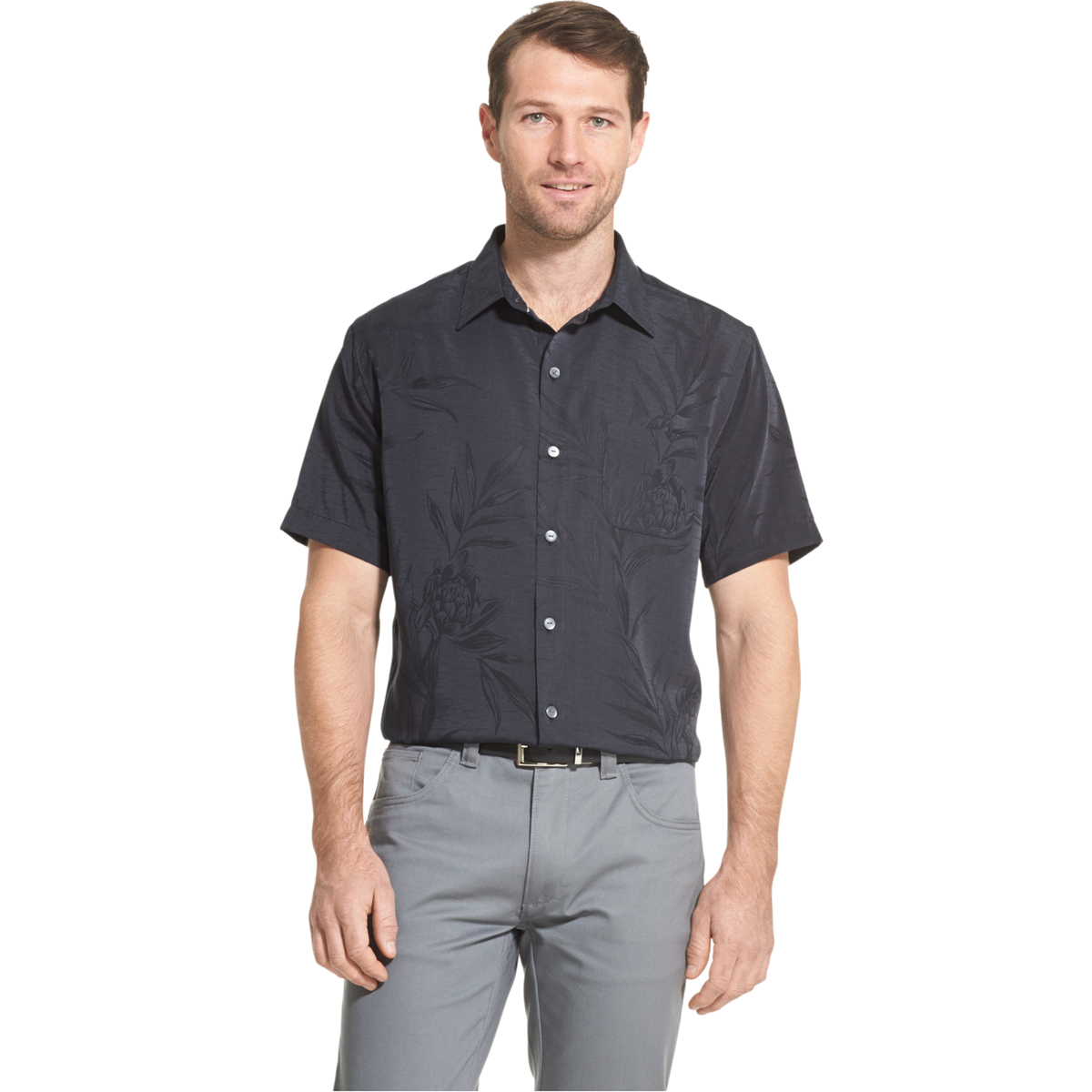 Van Heusen Men's Jaquard Short-Sleeve Shirt - Black, XL