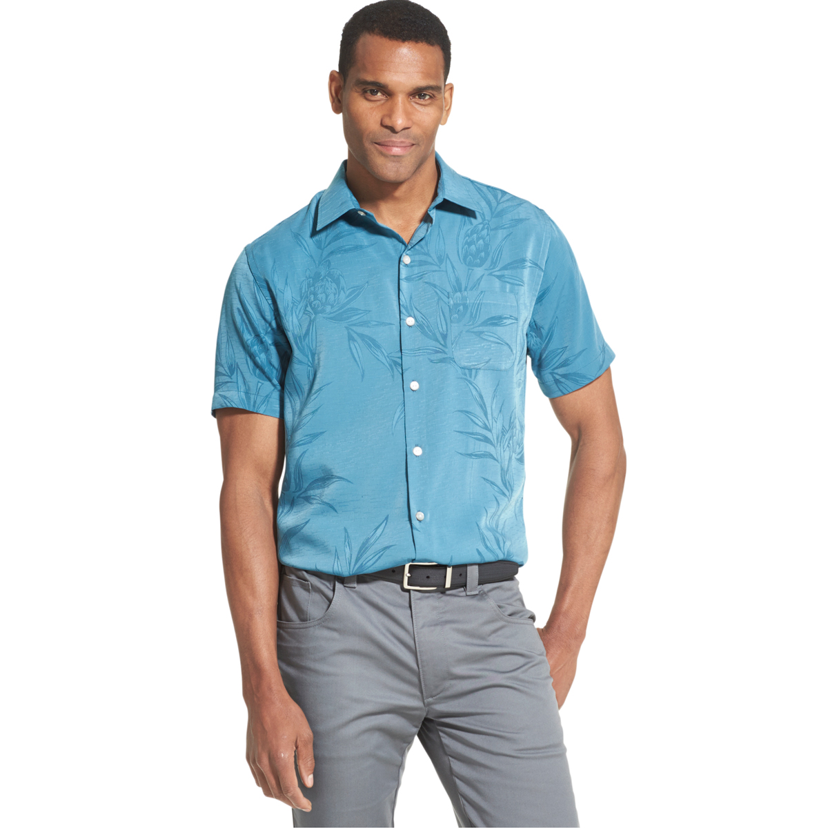 Van Heusen Men's Jaquard Short-Sleeve Shirt - Blue, L