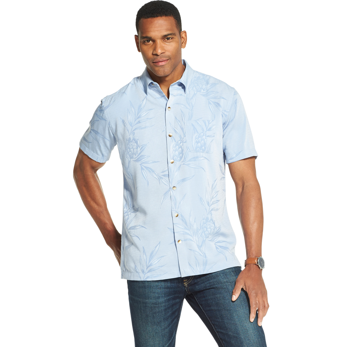 Van Heusen Men's Jaquard Short-Sleeve Shirt - Blue, L