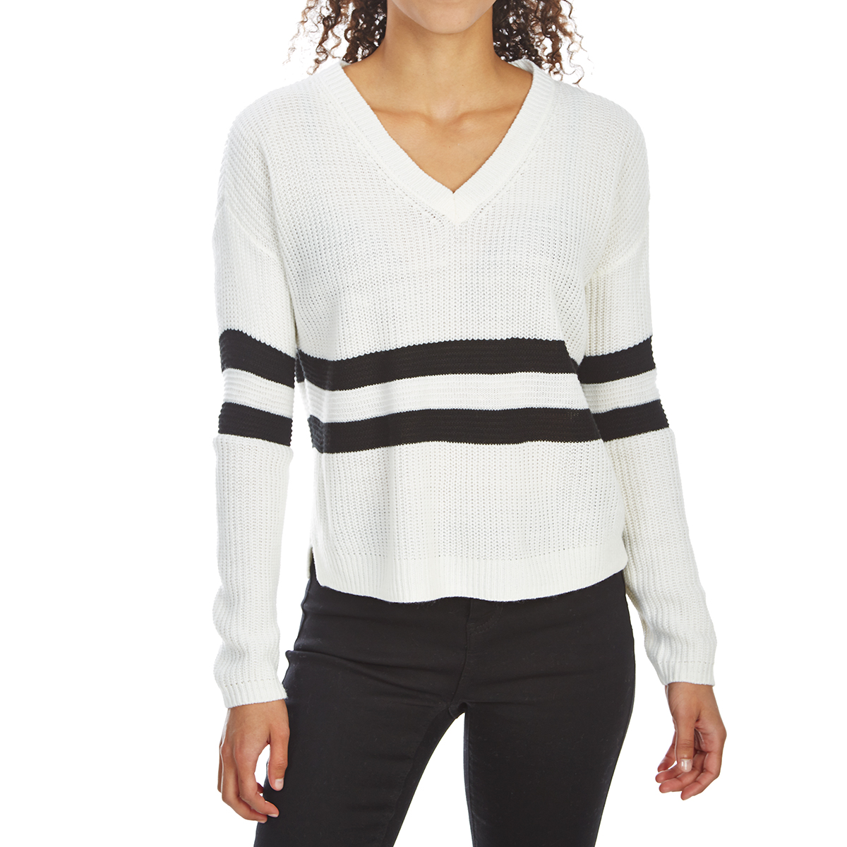 Pink Rose Juniors' Drop-Shoulder Striped V-Neck Sweater - White, M