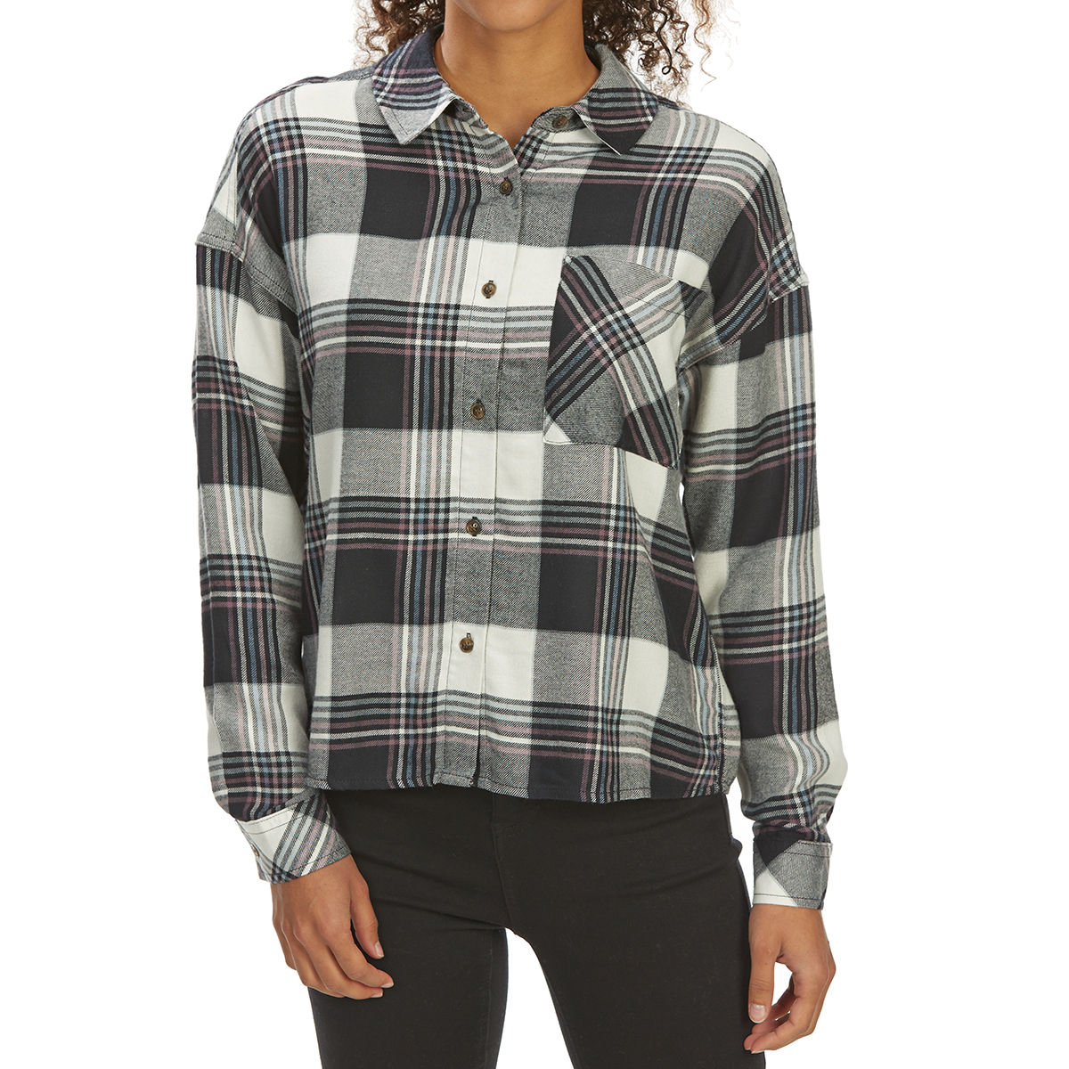 Pink Rose Juniors' Brushed Plaid Long-Sleeve Flannel Shirt - Black, S