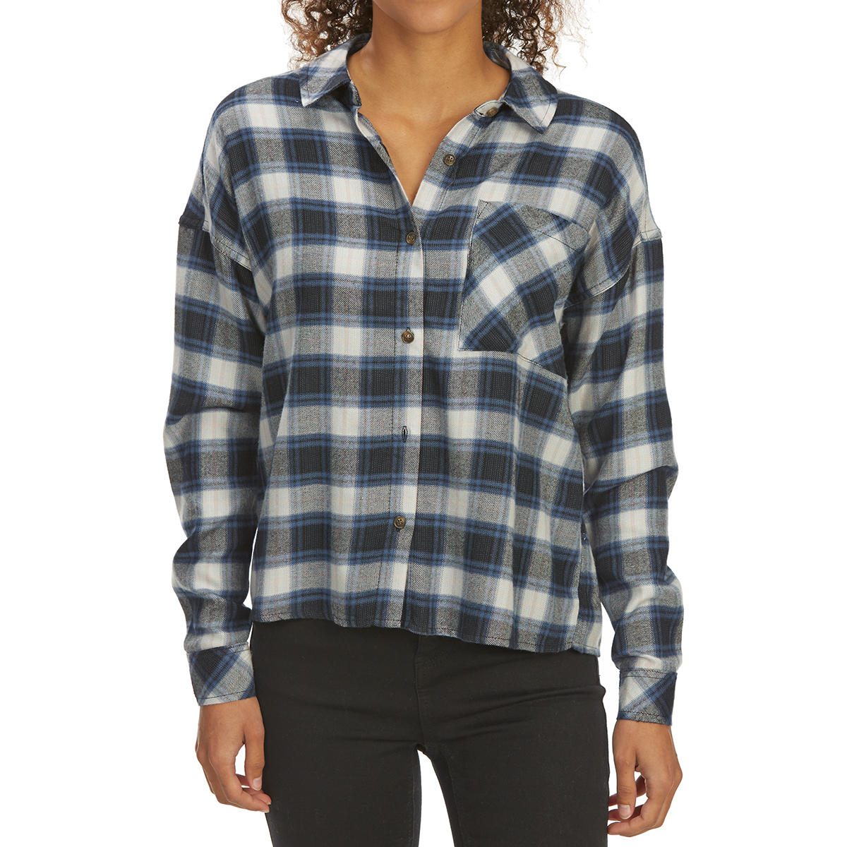 Pink Rose Juniors' Brushed Plaid Long-Sleeve Flannel Shirt - Black, S