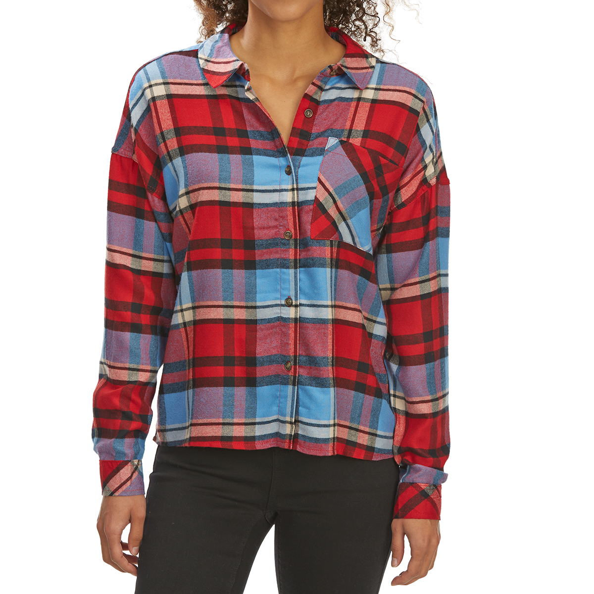 Pink Rose Juniors' Brushed Plaid Long-Sleeve Flannel Shirt - Red, S