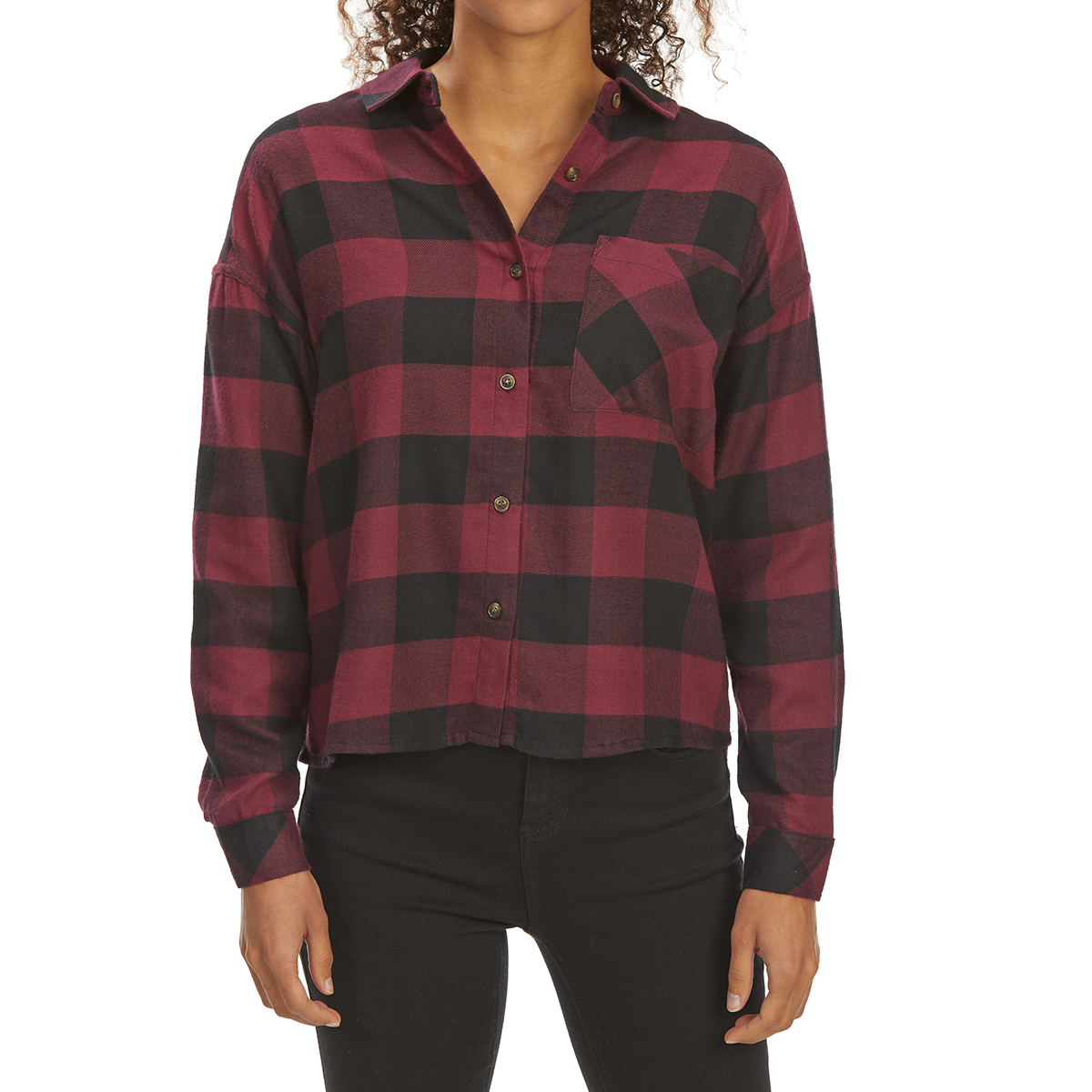 Pink Rose Juniors' Brushed Plaid Long-Sleeve Flannel Shirt - Red, M