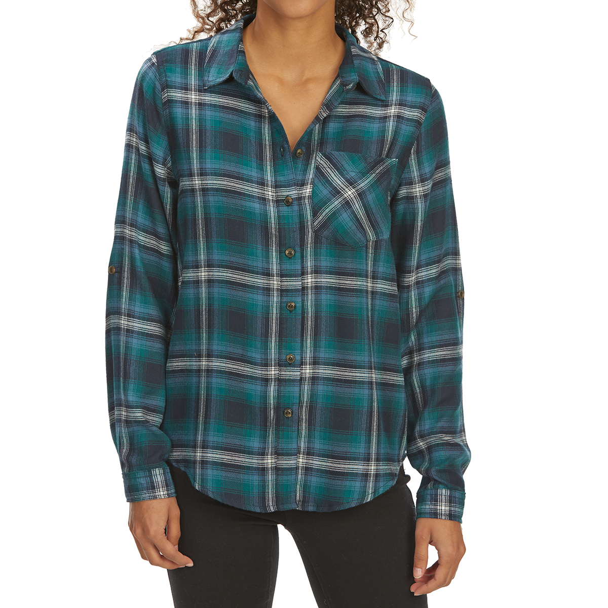 Pink Rose Juniors' Brushed Windowpane Plaid Long-Sleeve Flannel Shirt - Green, M