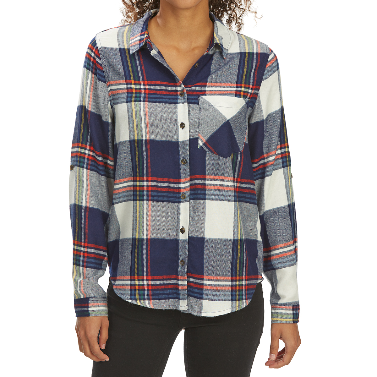 Pink Rose Juniors' Brushed Windowpane Plaid Long-Sleeve Flannel Shirt - Blue, S