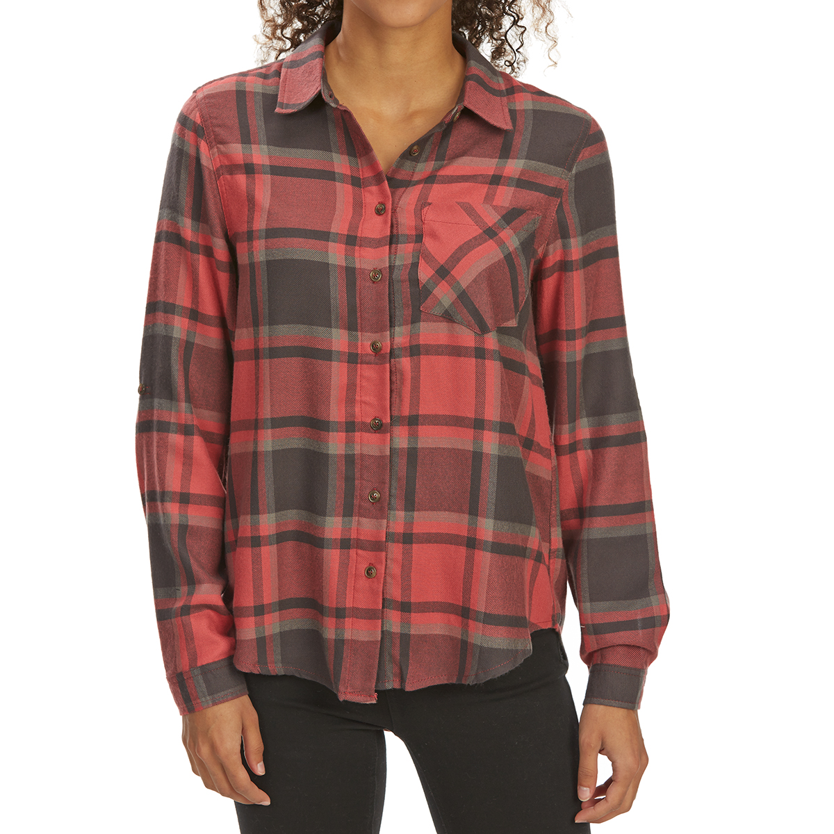 Pink Rose Juniors' Brushed Windowpane Plaid Long-Sleeve Flannel Shirt - Red, S