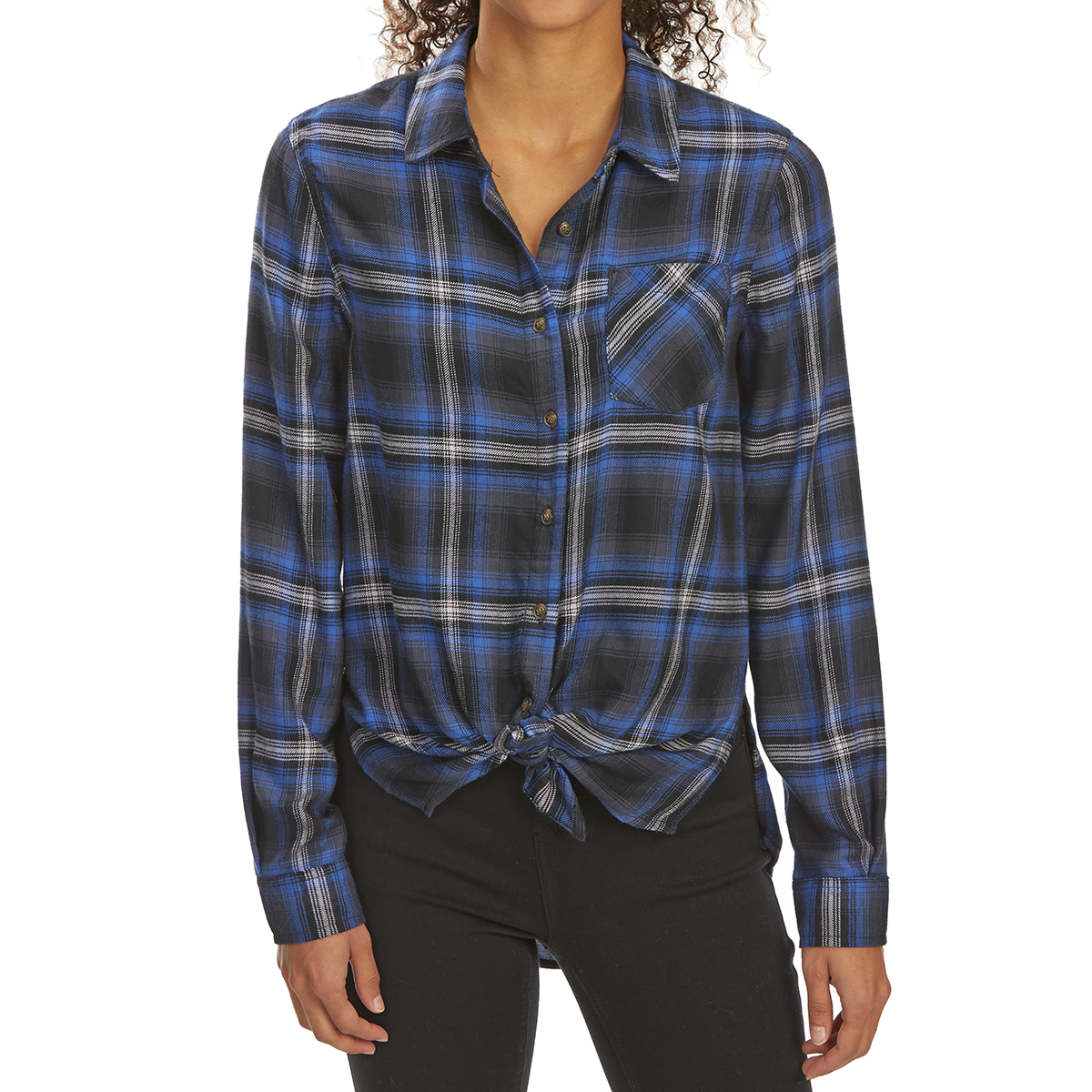 Pink Rose Juniors' Tie-Front Brushed Plaid Long-Sleeve Flannel Shirt - Blue, M