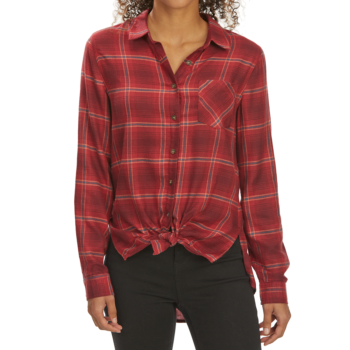 Pink Rose Juniors' Tie-Front Brushed Plaid Long-Sleeve Flannel Shirt - Red, S