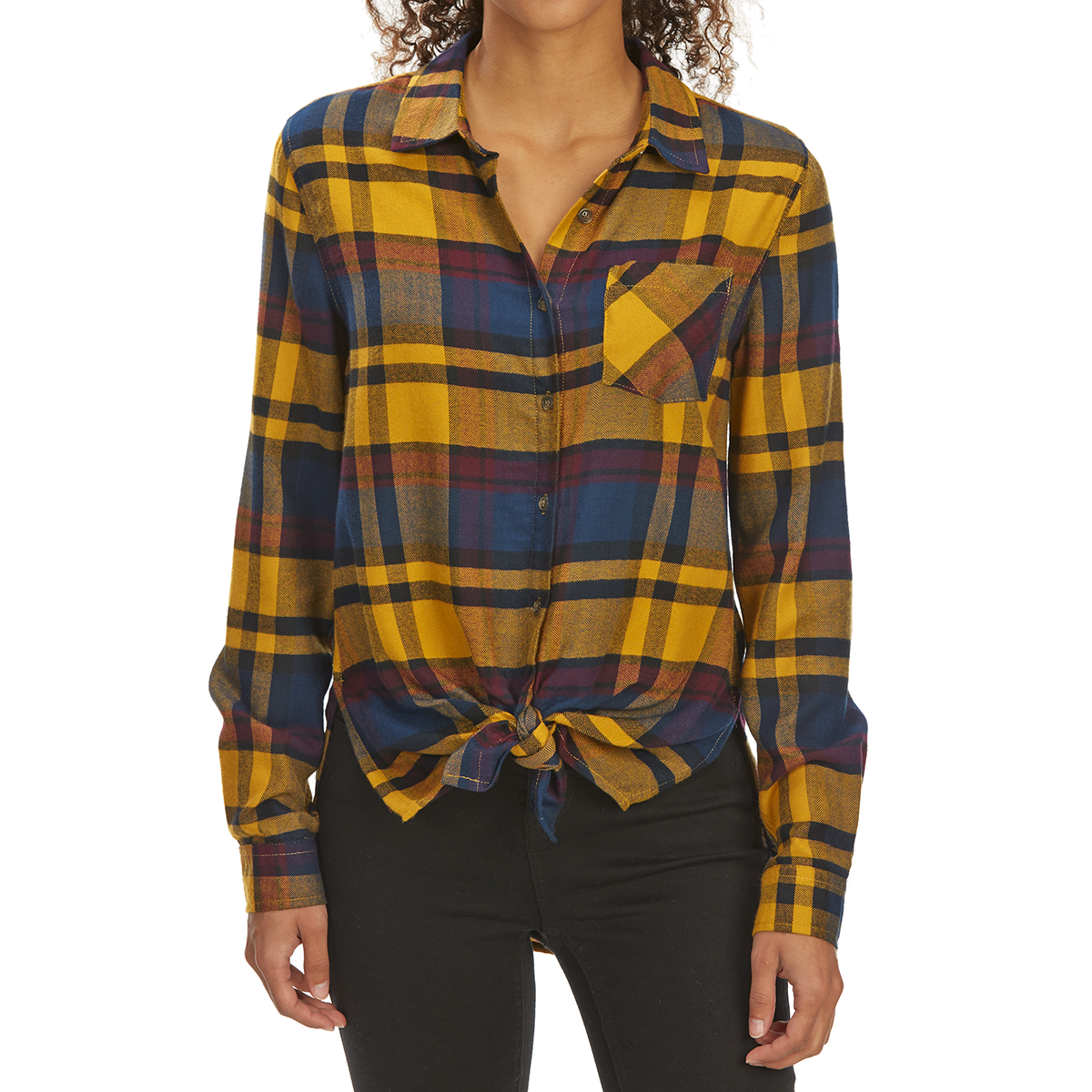 Pink Rose Juniors' Tie-Front Brushed Plaid Long-Sleeve Flannel Shirt - Yellow, M