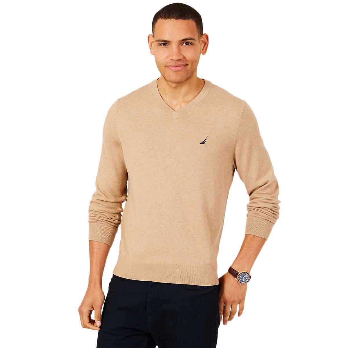 Nautica Men's Jersey Navtech V-Neck Sweater - Brown, M