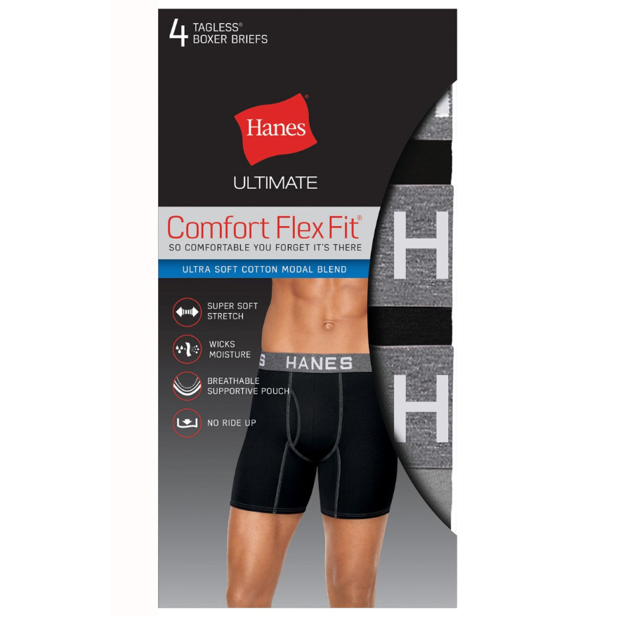 Hanes Men's Ultimate Comfort Flex Fit Ultra Soft Boxer Briefs, 4-Pack