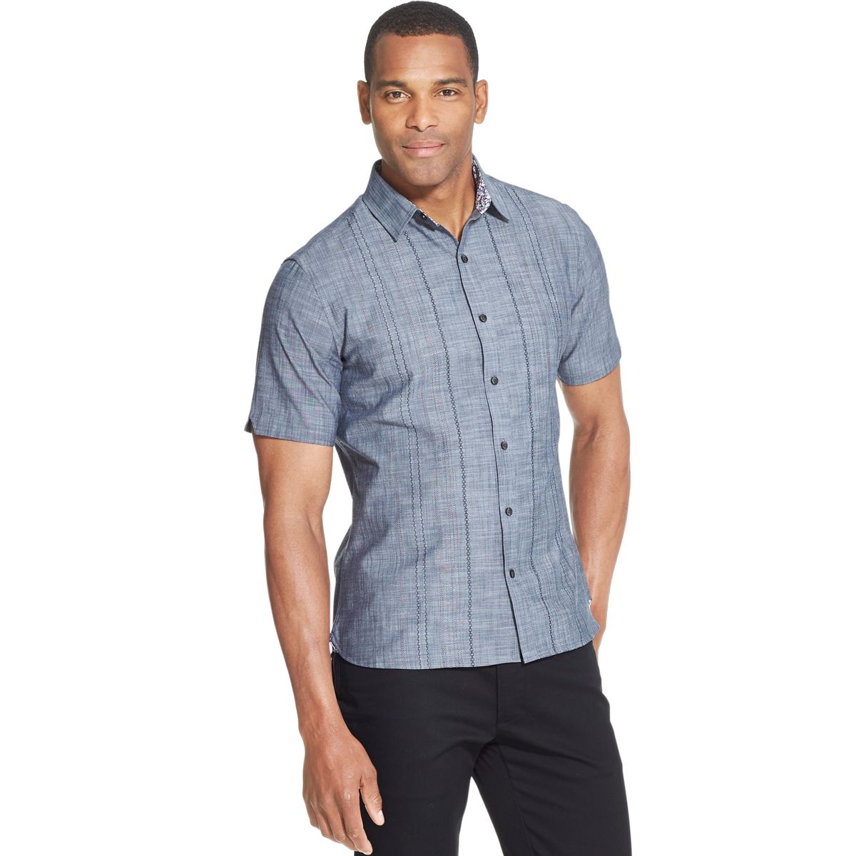 Van Heusen Men's Never Tuck Slim Fit Short-Sleeve Shirt - Blue, L