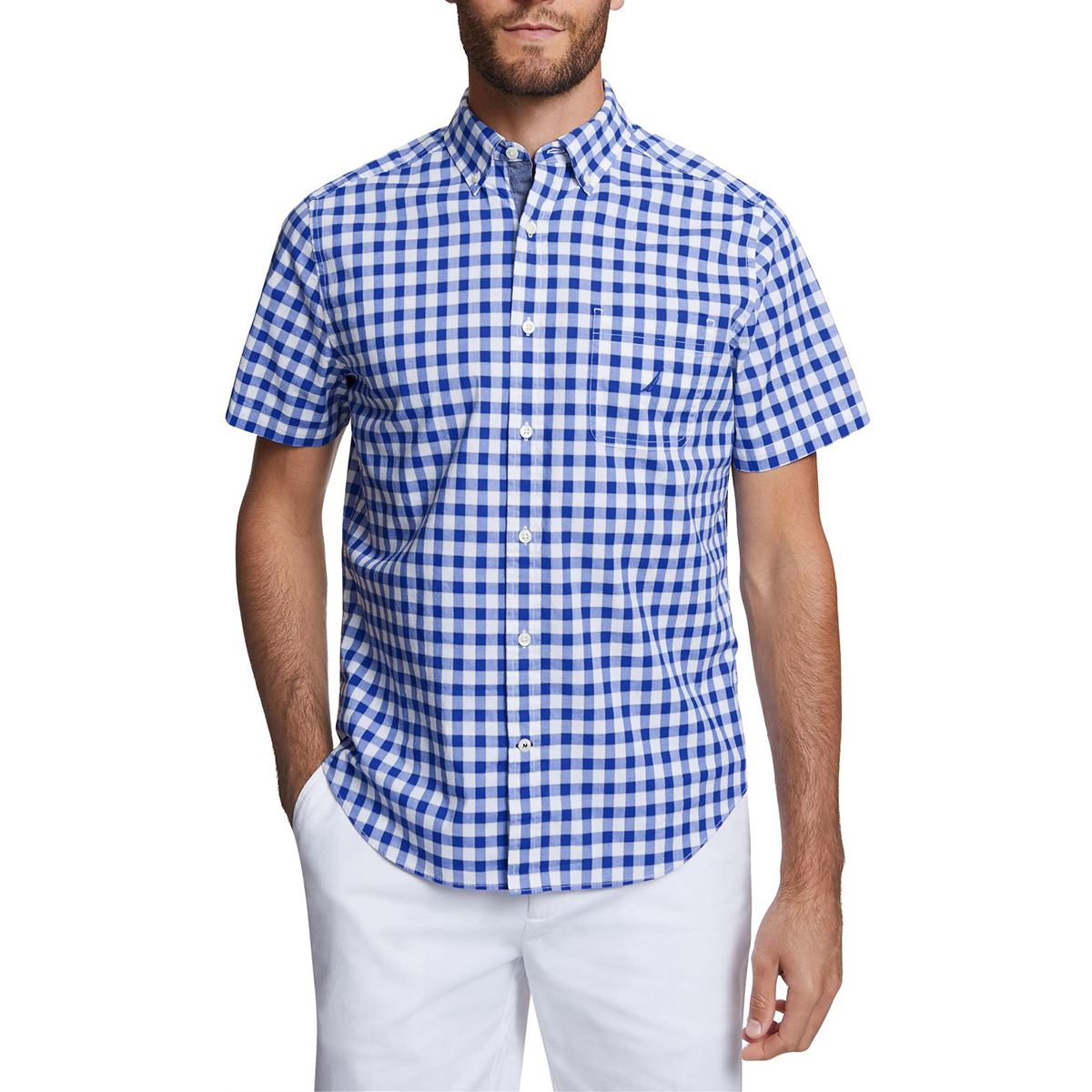 Nautica Men's Short-Sleeve Gingham Stretch Poplin Shirt - Blue, XL