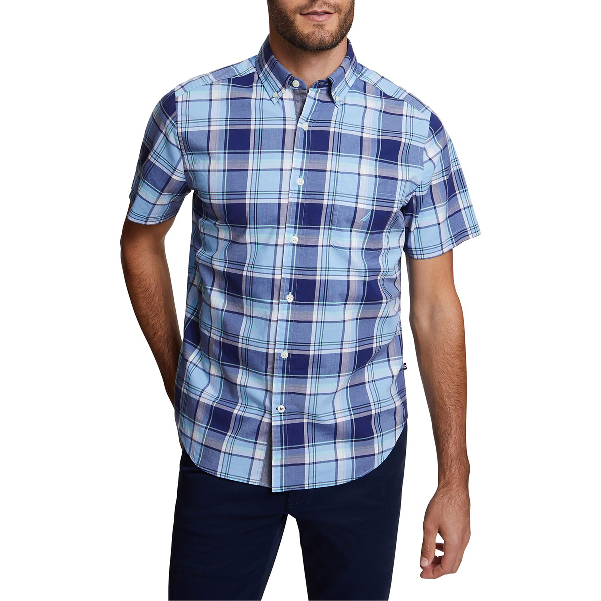 Nautica Men's Stretch Poplin Short-Sleeve Classic Fit Shirt - Blue, XL