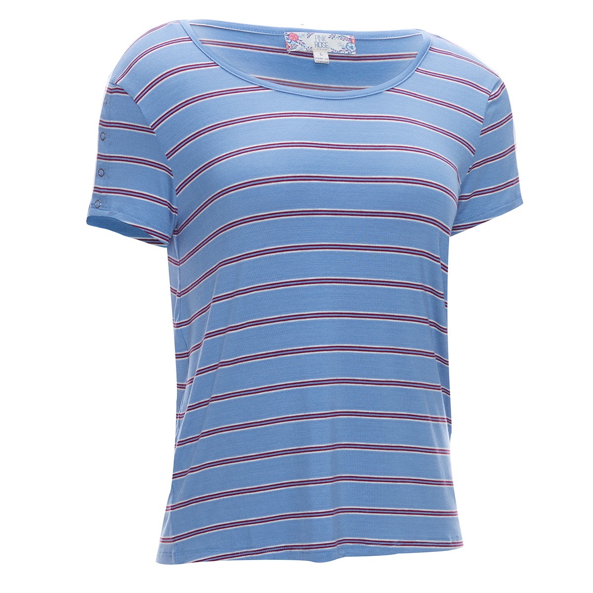 Pink Rose Juniors' Short-Sleeve Rayon Stripe Scoop Neck Snap Trim Jersey Tee - Blue, M