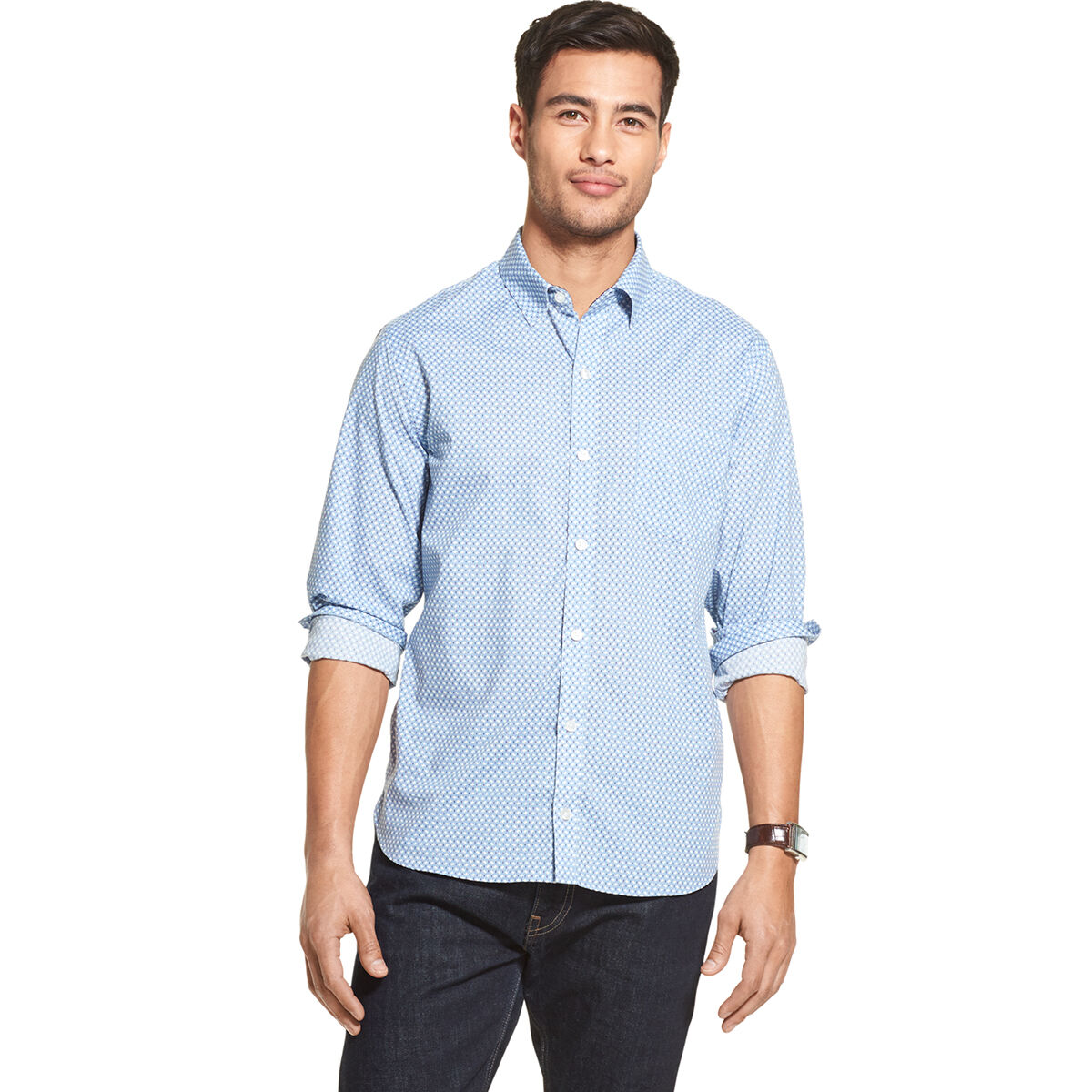 Van Heusen Men's Never Tuck Long-Sleeve Slim Fit Shirt - Blue, M