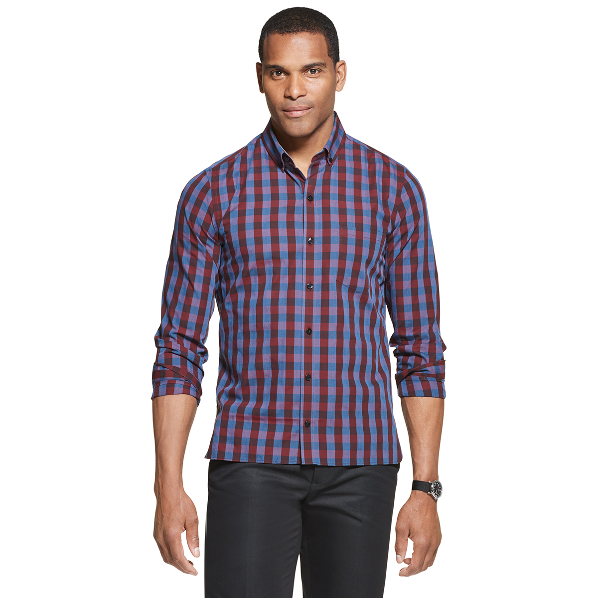 Van Heusen Men's Never Tuck Long-Sleeve Slim Fit Check Shirt - Brown, L