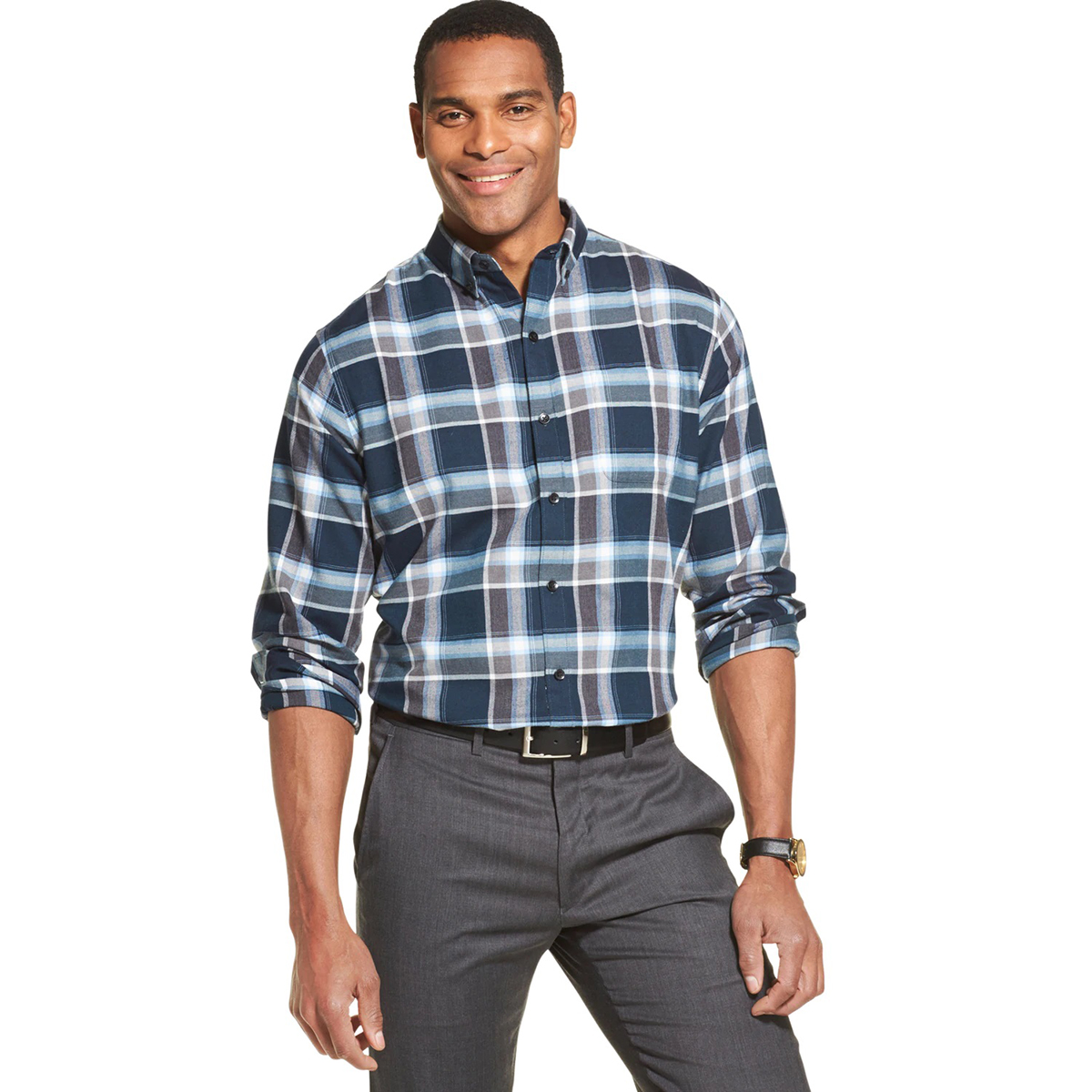 Van Heusen Men's Long-Sleeve Non Iron Plaid Button Down Shirt - Blue, XL