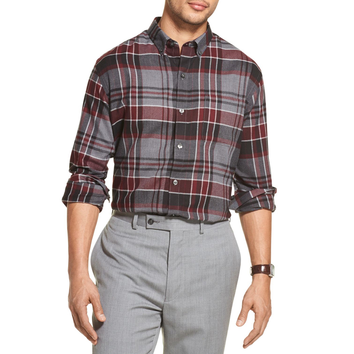 Van Heusen Men's Long-Sleeve Flex Plaid Button Down Shirt - Black, M