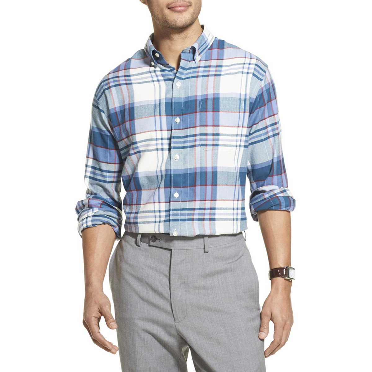 Van Heusen Men's Long-Sleeve Flex Plaid Button Down Shirt - Blue, XL