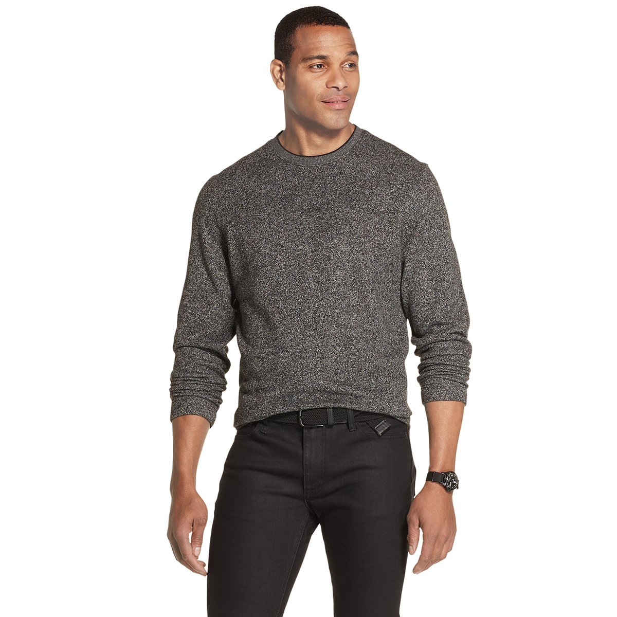 Van Heusen Men's Flex Long-Sleeve Fleece Crew Neck Pullover Sweater - Black, M