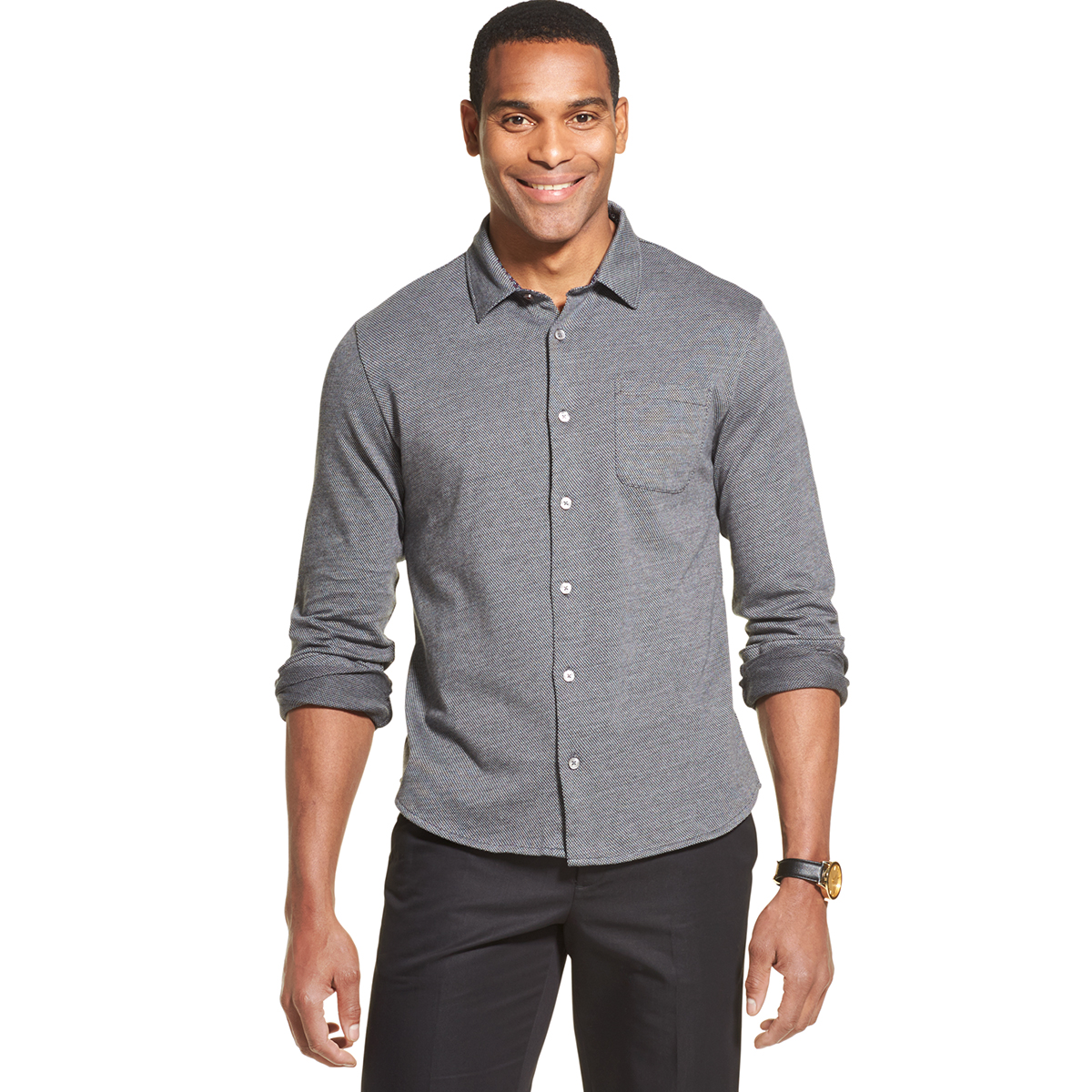 Van Heusen Men's Never Tuck Long Sleeve Jacquard Button-Front Shirt - Black, M