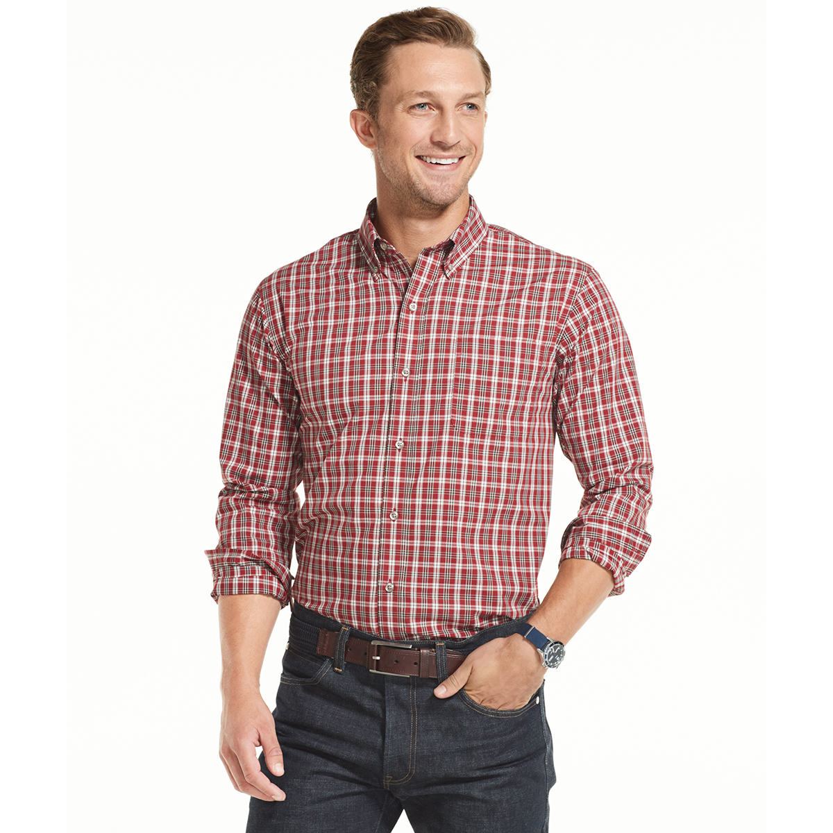 Arrow Men's Hamilton Plaid Poplin Long-Sleeve Button-Down Shirt - Red, M