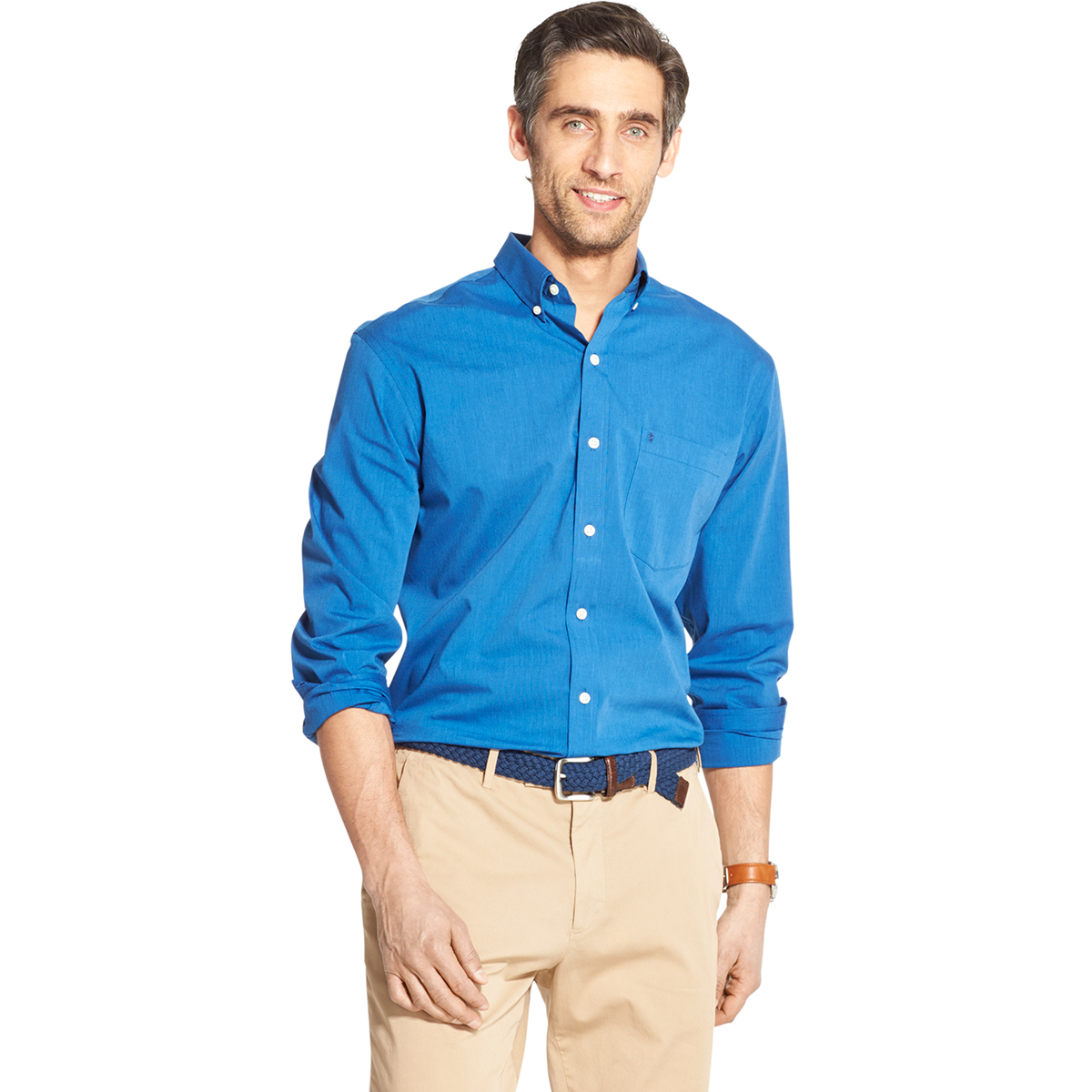 Izod Men's Long-Sleeve Essentials Solid Cotton Poplin Button Down Shirt - Blue, M