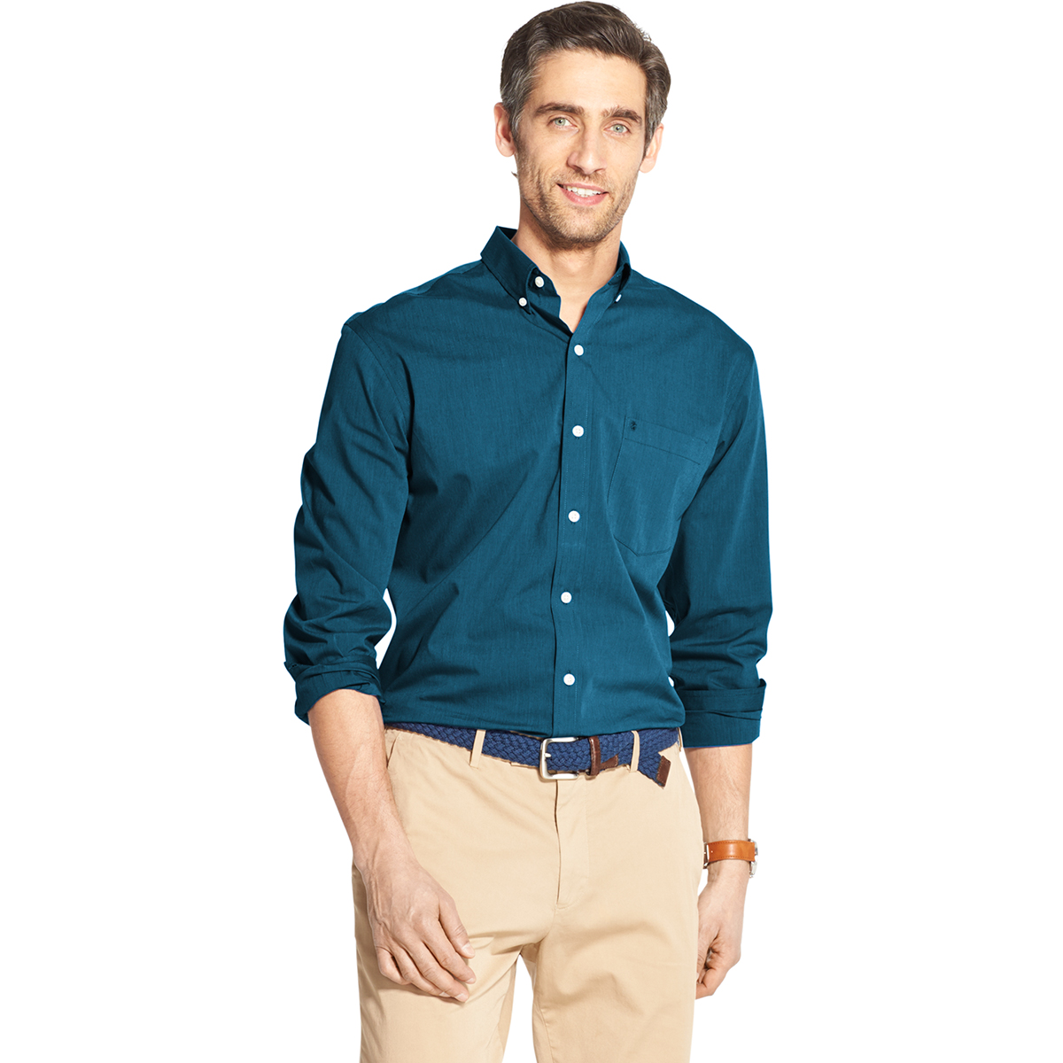 Izod Men's Long-Sleeve Essentials Solid Cotton Poplin Button Down Shirt - Blue, L