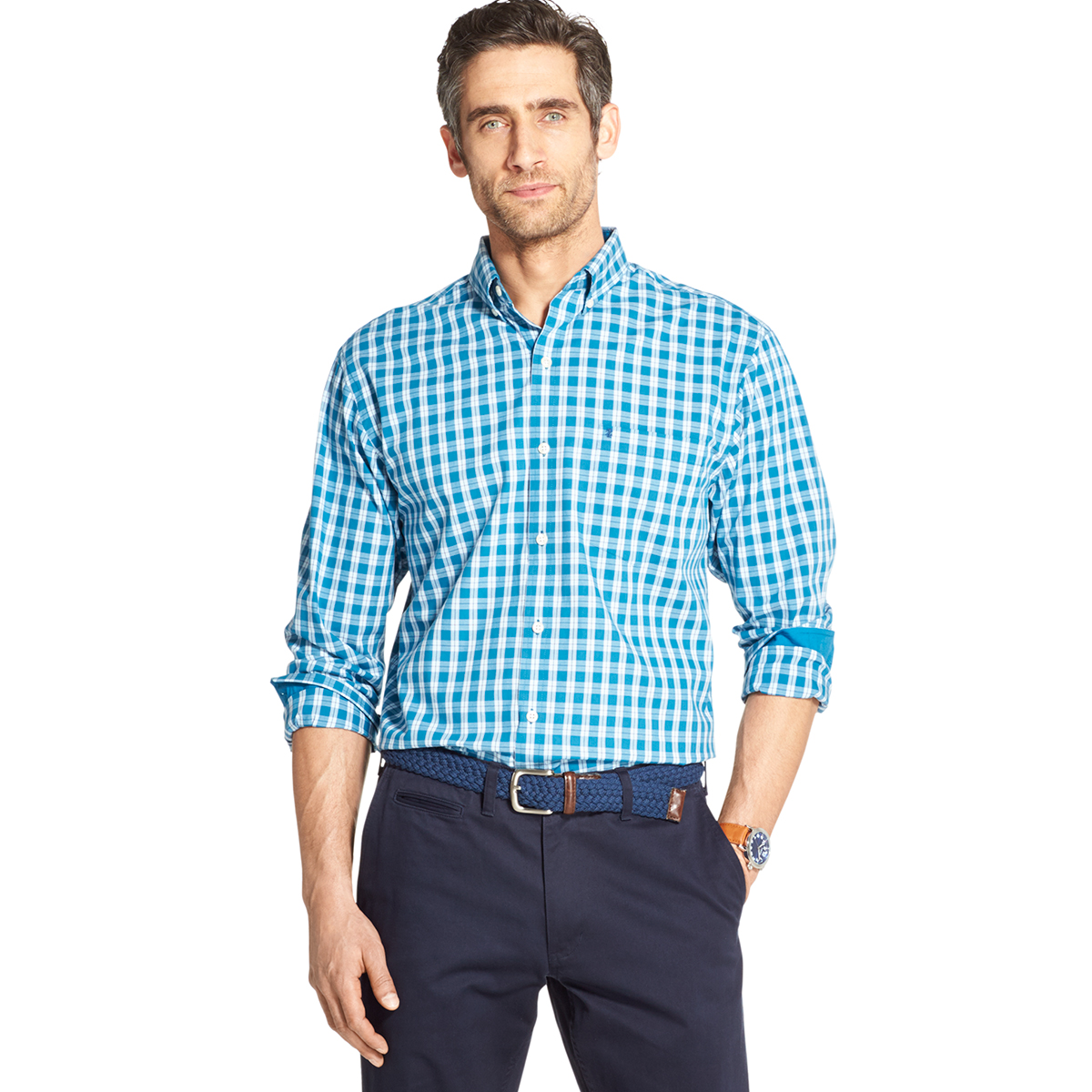 Izod Men's Long-Sleeve Essential Button Down Shirt - Blue, L