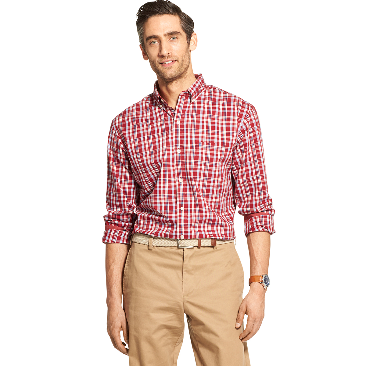 Izod Men's Long-Sleeve Premium Essentials Stretch Plaid Button Down Shirt - Red, M