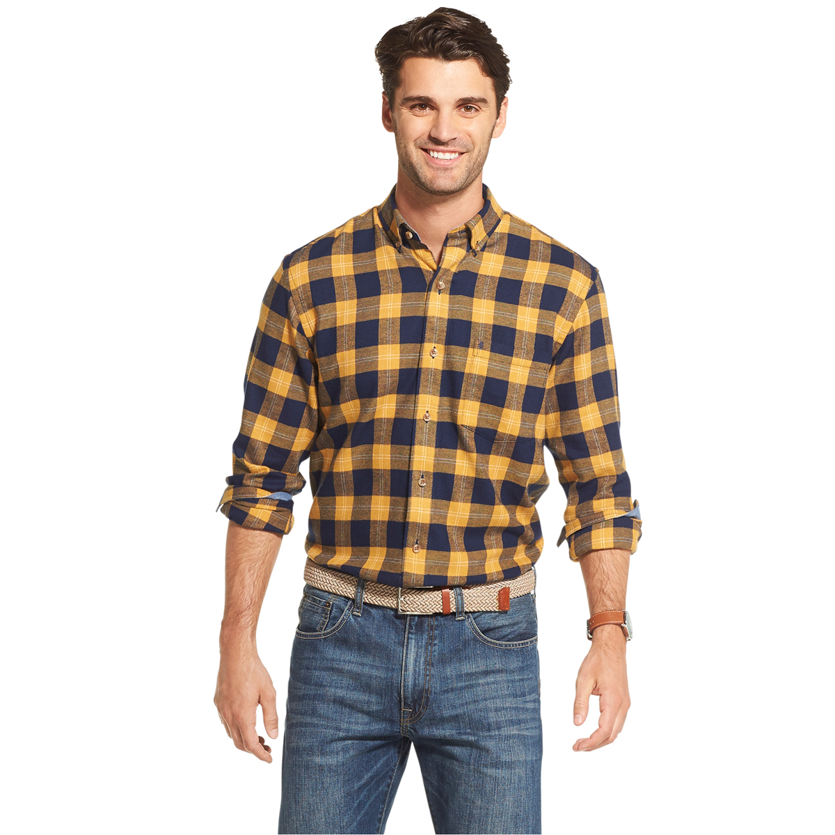 Izod Men's Long-Sleeve Plaid Button Down Shirt - Yellow, M