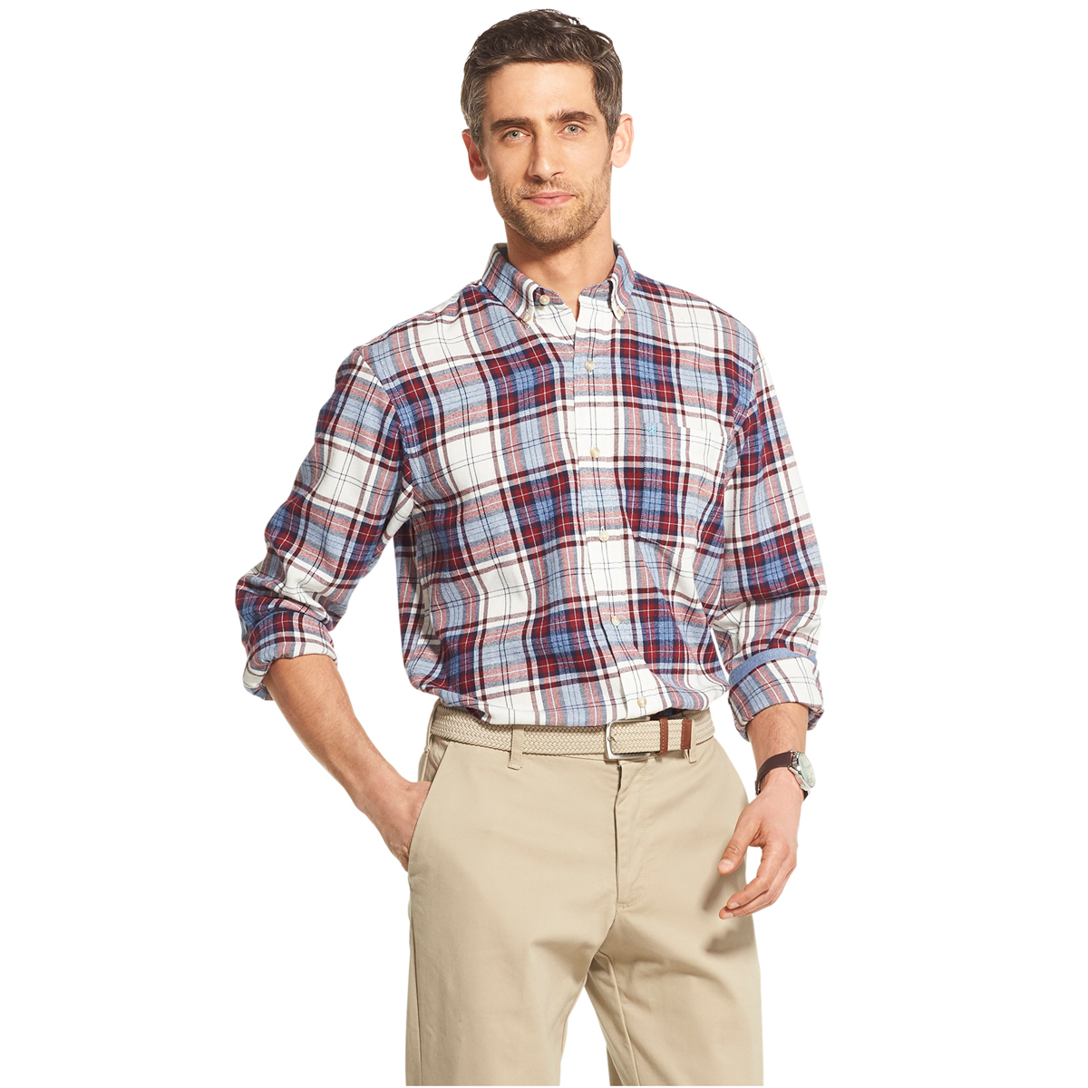 Izod Men's Long-Sleeve Plaid Button Down Shirt - Red, M