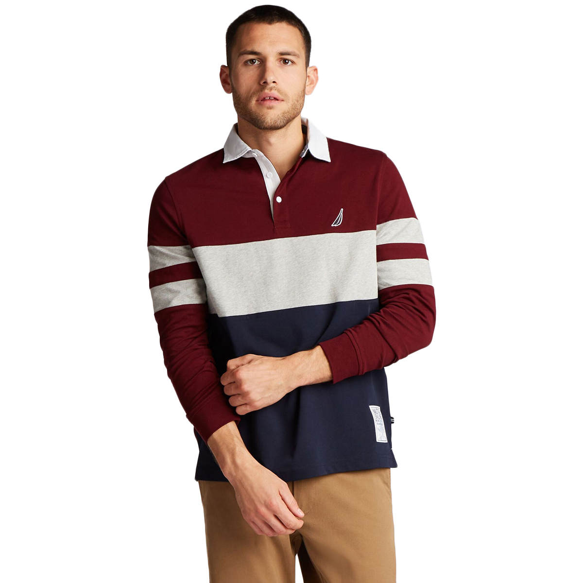 Nautica Men's Long-Sleeve Colorblock Stripe Rugby Shirt - Red, XL