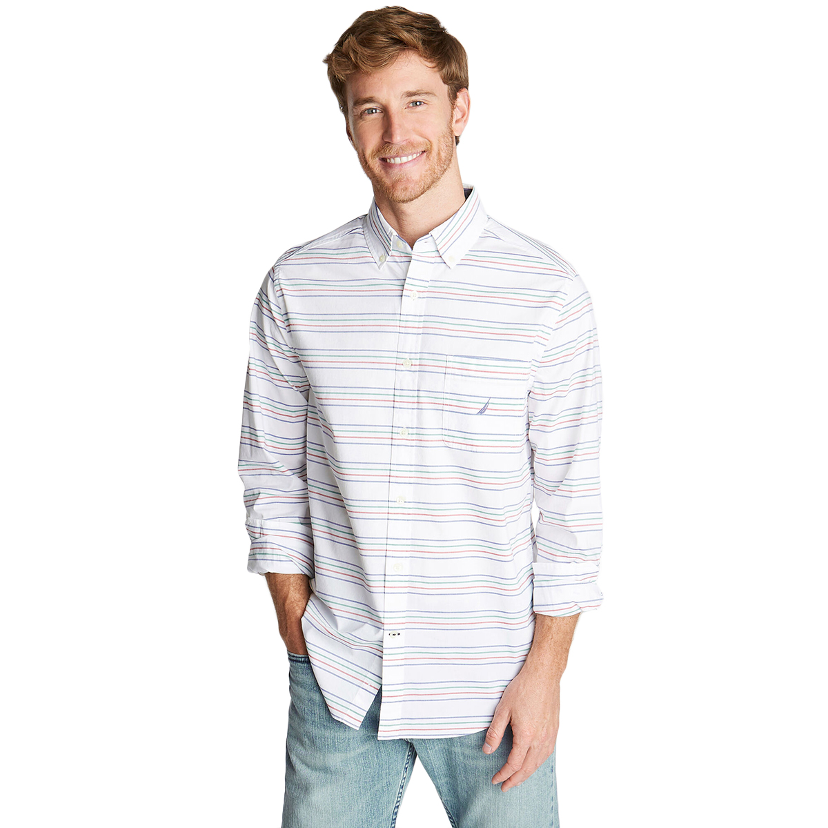 Nautica Men's Long-Sleeve Horizontal Stripe Stretch Popllin Shirt - White, XL