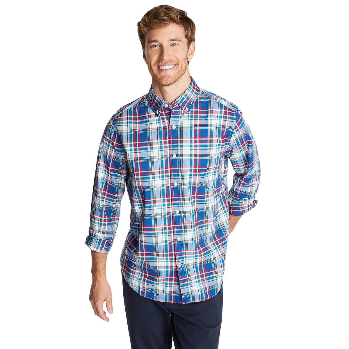 Nautica Men's Long-Sleeve Cotton Plaid Stretch Poplin Button Down