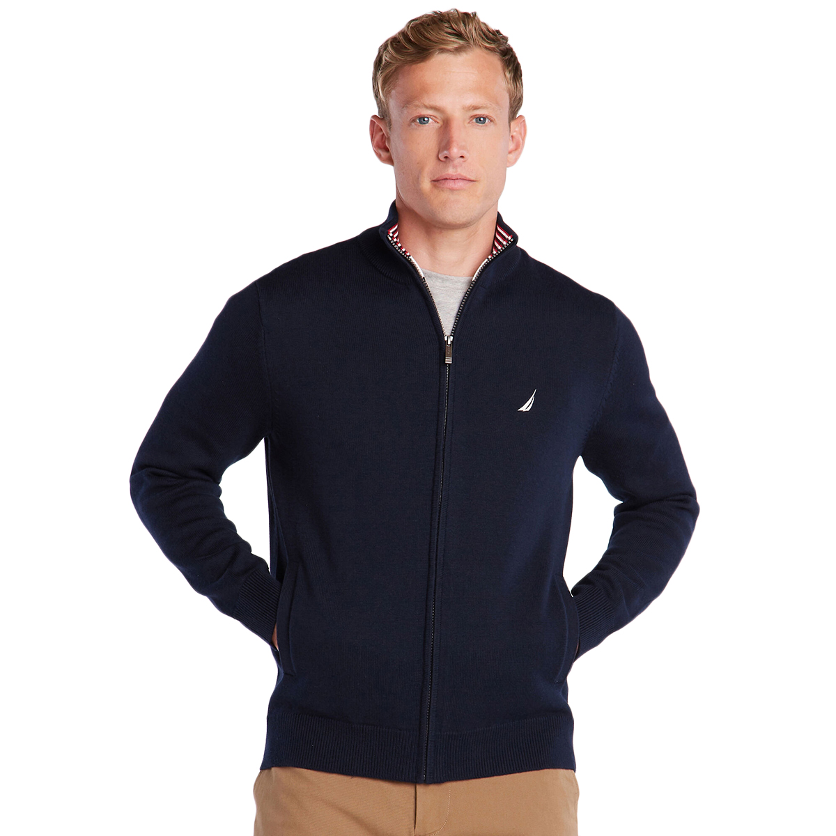 Nautica Men's Full Zip Cotton Mock Neck Sweater - Blue, XL