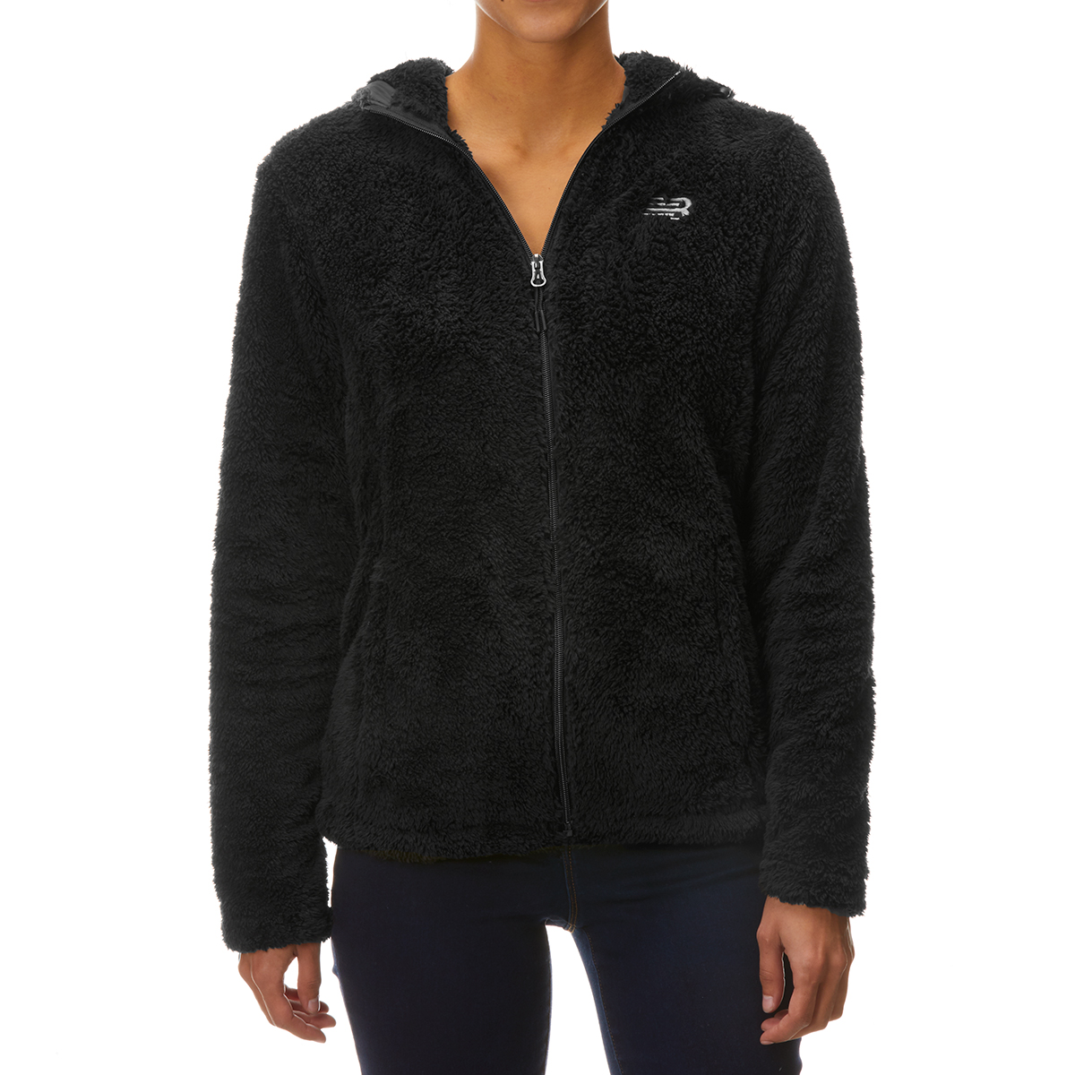 New Balance Women's Full Zip Sherpa Hooded Jacket - Black, XL