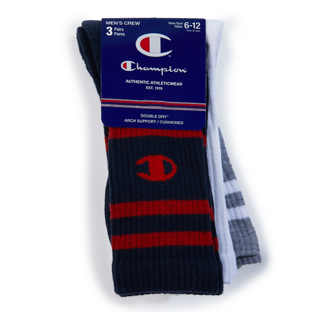 Champion Men's Stripe Crew Socks, 3-Pack - Blue, L