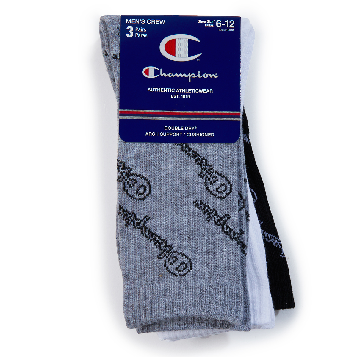 Champion Men's Logo Script Crew Socks, 3-Pack - Black, L